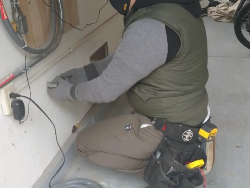 Electrician performing outlet wiring in a Edgewater Park garage